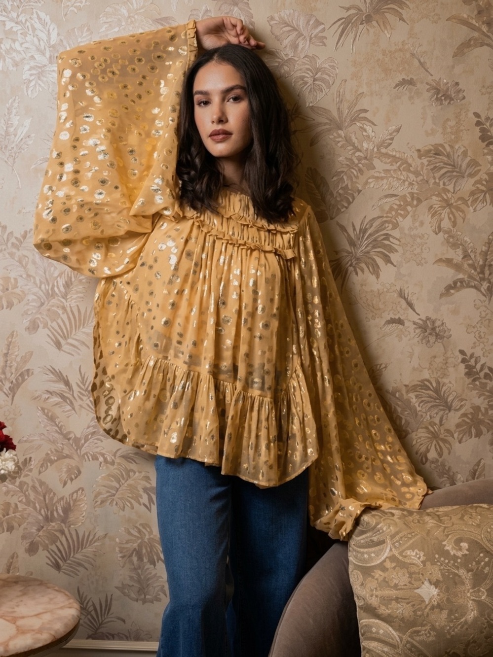 Ollari Shirley Metallic Dot Boho Blouse Apricot Gold One Size OS